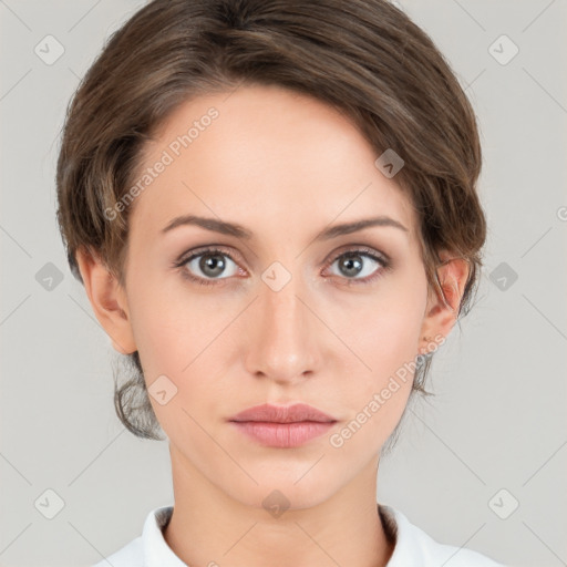 Neutral white young-adult female with medium  brown hair and grey eyes