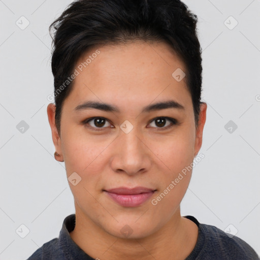 Joyful asian young-adult female with short  brown hair and brown eyes