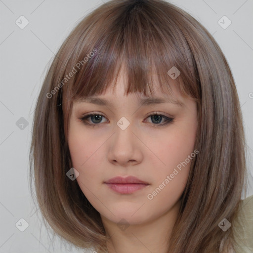 Neutral white young-adult female with medium  brown hair and grey eyes