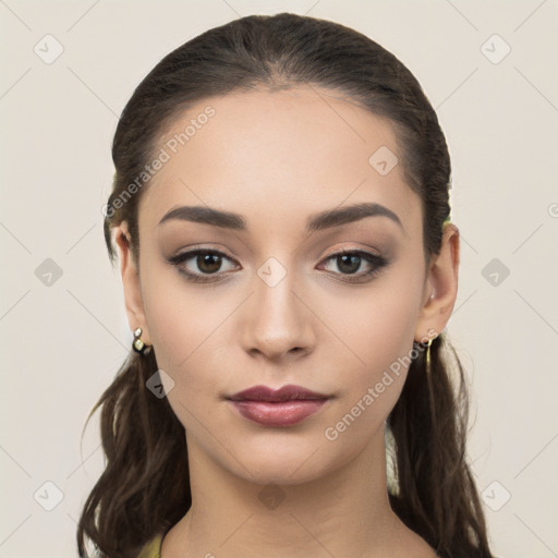 Neutral white young-adult female with long  brown hair and brown eyes