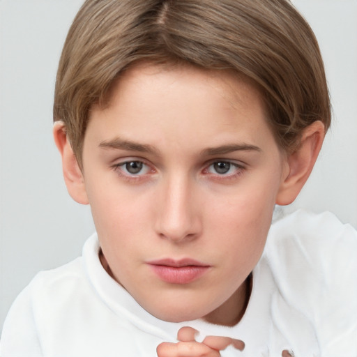 Neutral white young-adult female with short  brown hair and grey eyes