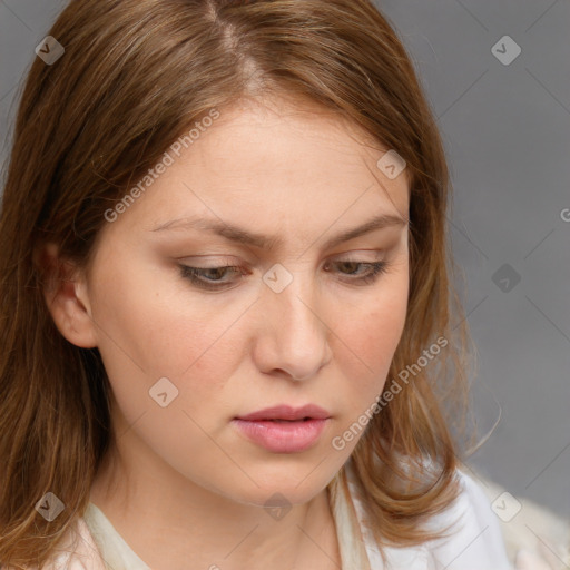 Neutral white young-adult female with medium  brown hair and brown eyes