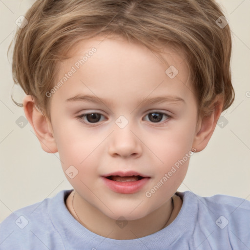 Joyful white child female with short  brown hair and brown eyes