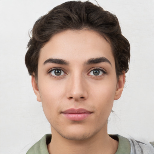 Neutral white young-adult female with medium  brown hair and brown eyes