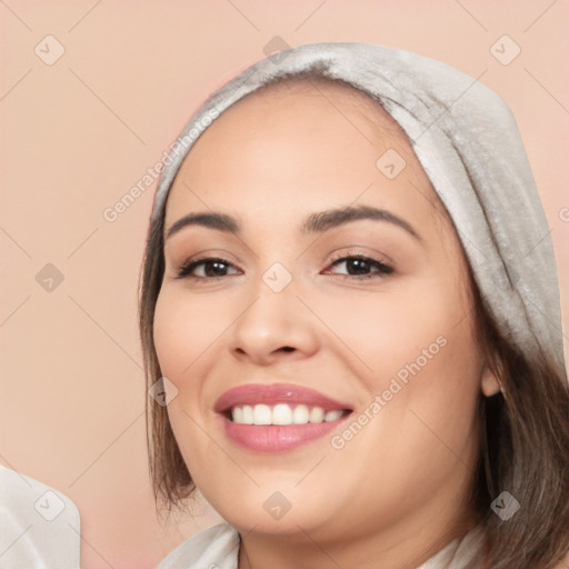 Joyful white young-adult female with medium  black hair and brown eyes