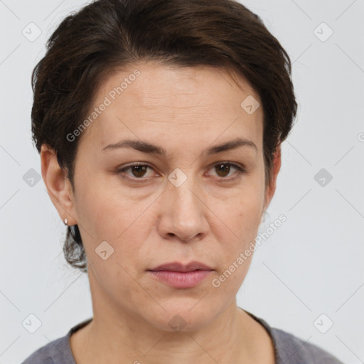 Neutral white adult female with short  brown hair and brown eyes