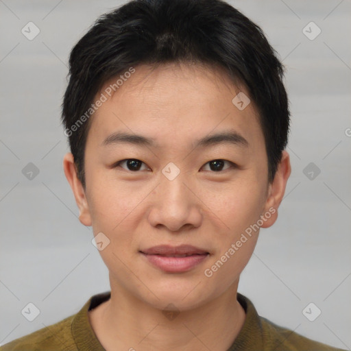 Joyful asian young-adult male with short  brown hair and brown eyes