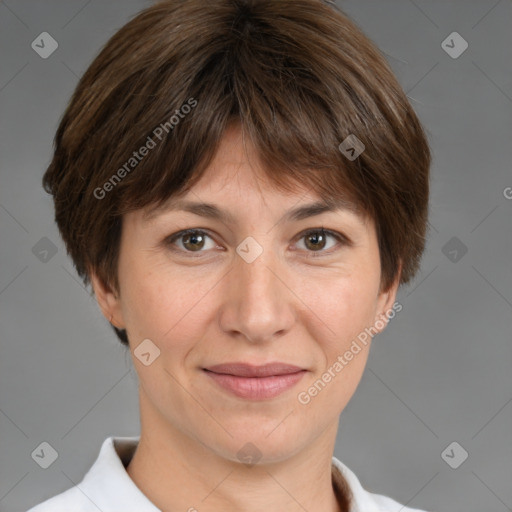 Joyful white adult female with medium  brown hair and brown eyes