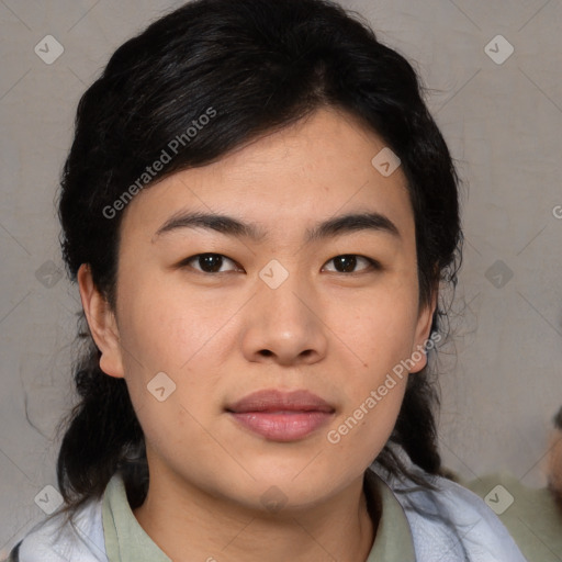 Joyful asian young-adult female with medium  brown hair and brown eyes