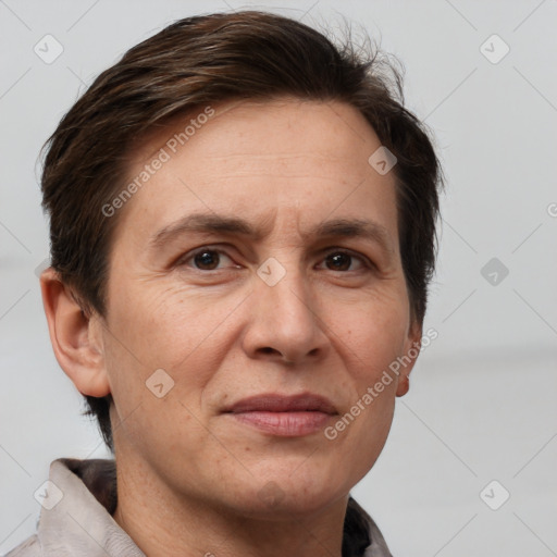 Joyful white adult female with short  brown hair and brown eyes