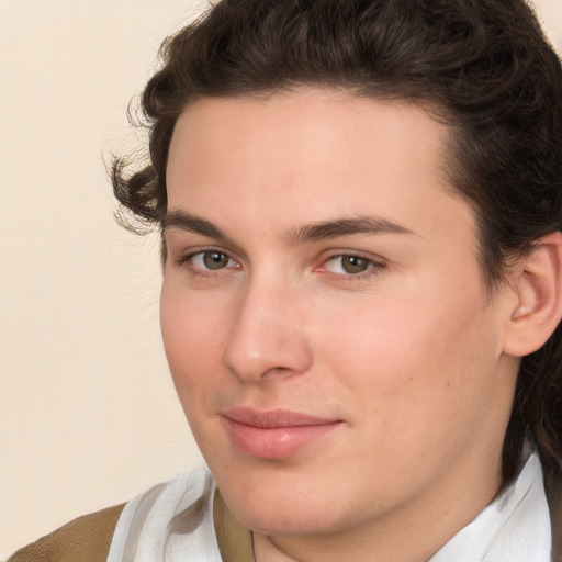 Joyful white young-adult male with medium  brown hair and brown eyes