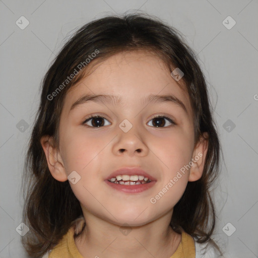 Joyful white child female with medium  brown hair and brown eyes