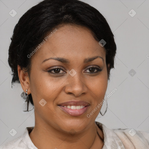 Joyful black young-adult female with medium  brown hair and brown eyes
