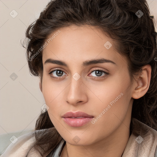 Neutral white young-adult female with long  brown hair and brown eyes