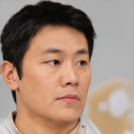 Neutral asian young-adult male with short  brown hair and brown eyes