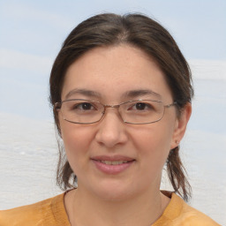 Joyful white adult female with medium  brown hair and brown eyes