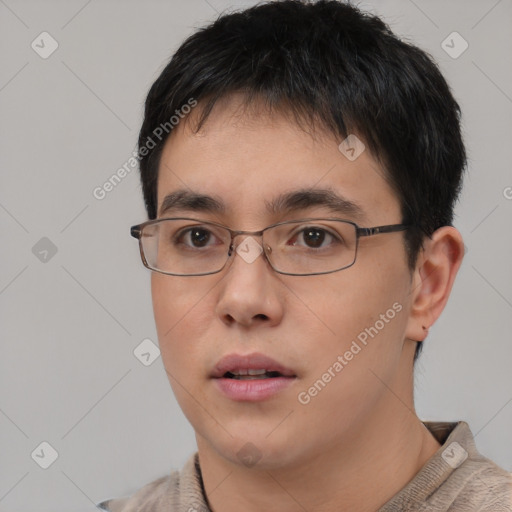 Neutral asian young-adult male with short  brown hair and brown eyes