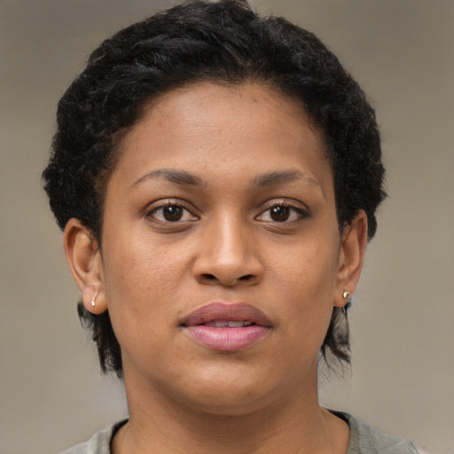 Neutral black young-adult female with short  brown hair and brown eyes