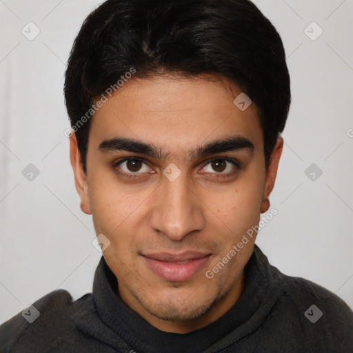 Joyful latino young-adult male with short  brown hair and brown eyes