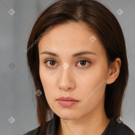 Neutral white young-adult female with long  brown hair and brown eyes