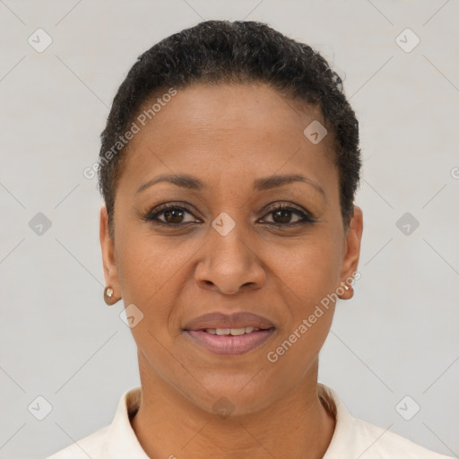 Joyful latino adult female with short  brown hair and brown eyes
