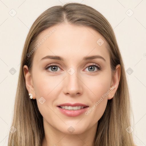 Joyful white young-adult female with long  brown hair and grey eyes