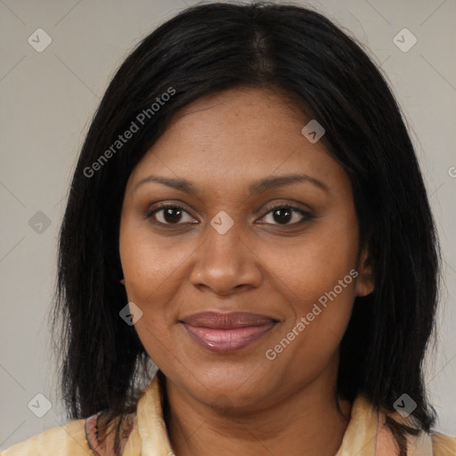 Joyful black adult female with medium  brown hair and brown eyes