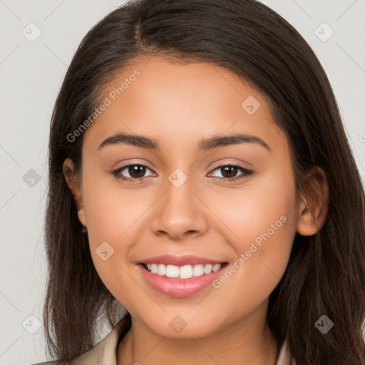 Joyful white young-adult female with long  brown hair and brown eyes