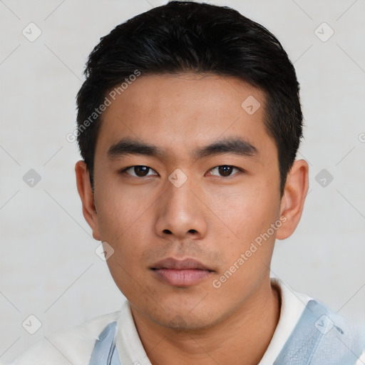 Neutral asian young-adult male with short  black hair and brown eyes