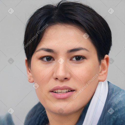 Joyful asian young-adult female with short  brown hair and brown eyes