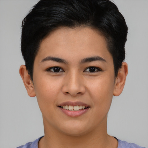 Joyful asian young-adult female with short  brown hair and brown eyes