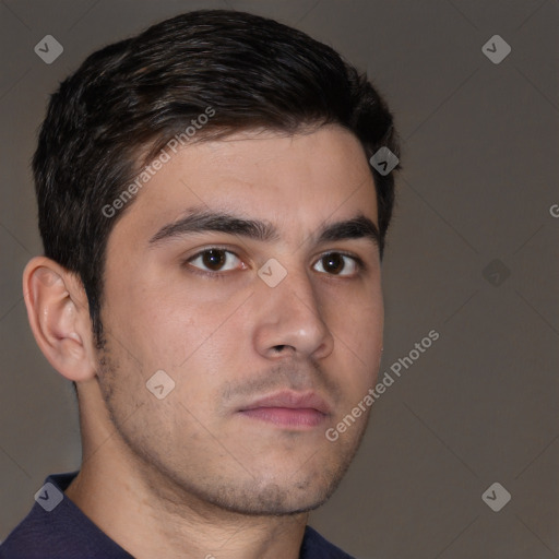 Neutral white young-adult male with short  brown hair and brown eyes