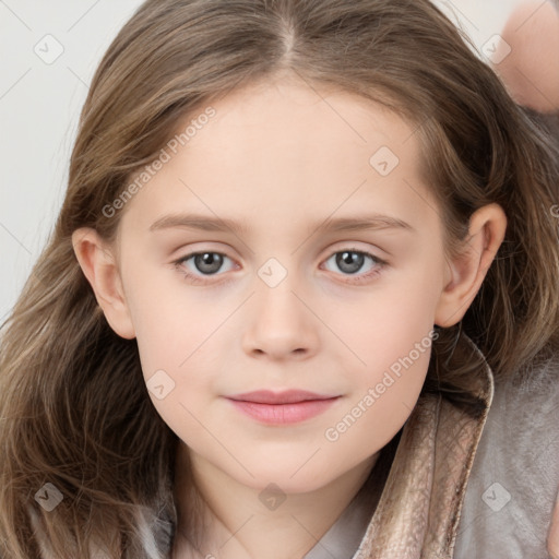 Joyful white child female with long  brown hair and brown eyes