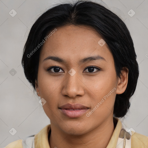 Neutral asian young-adult female with medium  brown hair and brown eyes