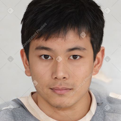 Neutral asian young-adult male with short  brown hair and brown eyes