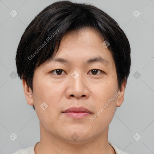 Neutral asian young-adult male with short  brown hair and brown eyes