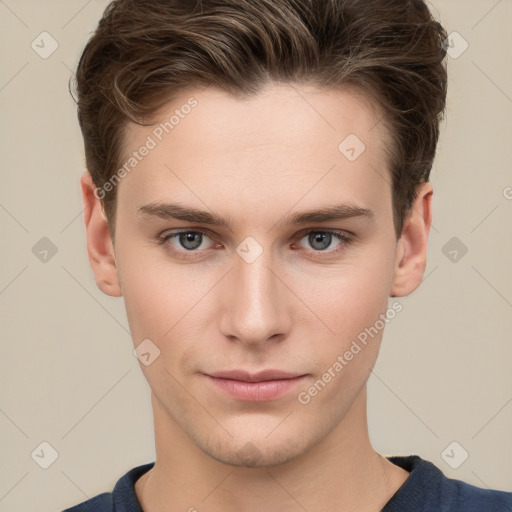 Neutral white young-adult male with short  brown hair and brown eyes