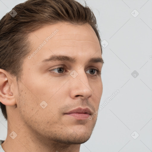 Neutral white young-adult male with short  brown hair and grey eyes