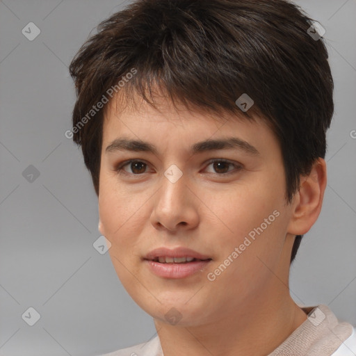 Joyful white young-adult female with short  brown hair and brown eyes