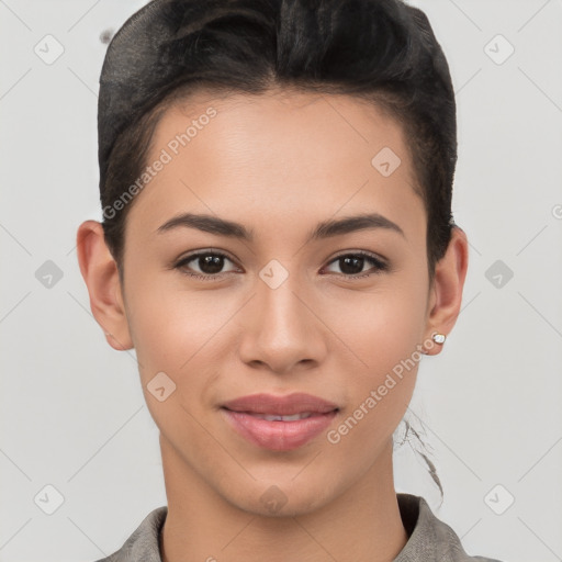 Joyful white young-adult female with short  brown hair and brown eyes