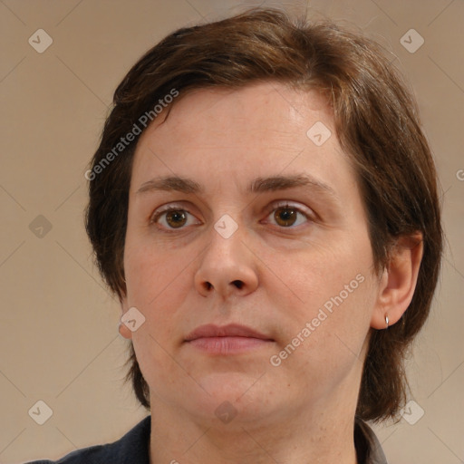 Neutral white adult female with medium  brown hair and brown eyes