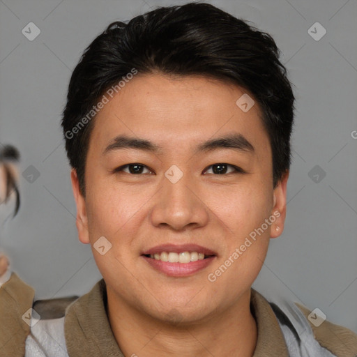 Joyful asian young-adult male with short  brown hair and brown eyes