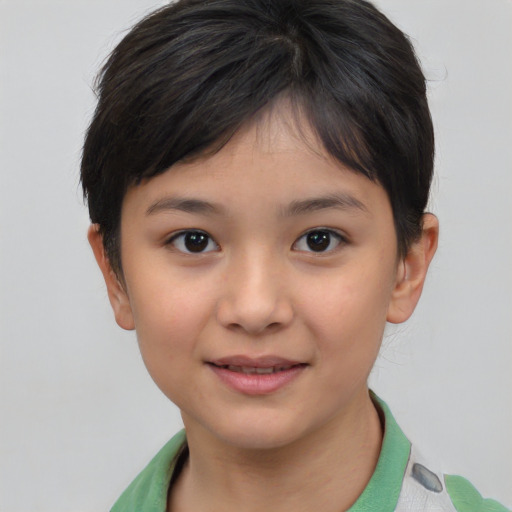 Joyful asian child female with short  brown hair and brown eyes