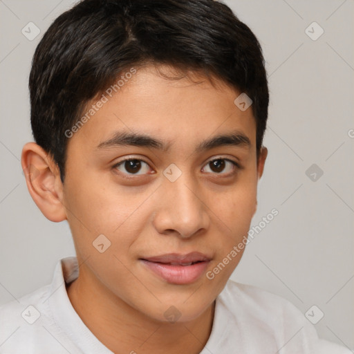 Joyful latino young-adult male with short  brown hair and brown eyes