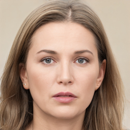 Neutral white young-adult female with long  brown hair and grey eyes