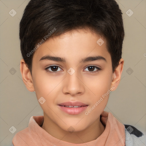 Joyful white child female with short  brown hair and brown eyes