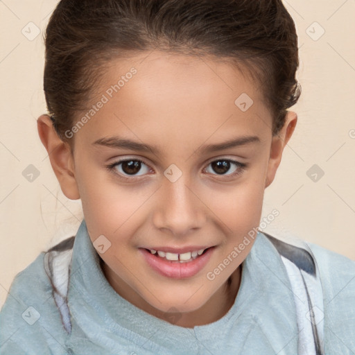 Joyful white child female with short  brown hair and brown eyes