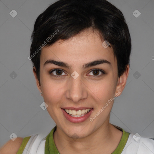 Joyful white young-adult female with short  brown hair and brown eyes