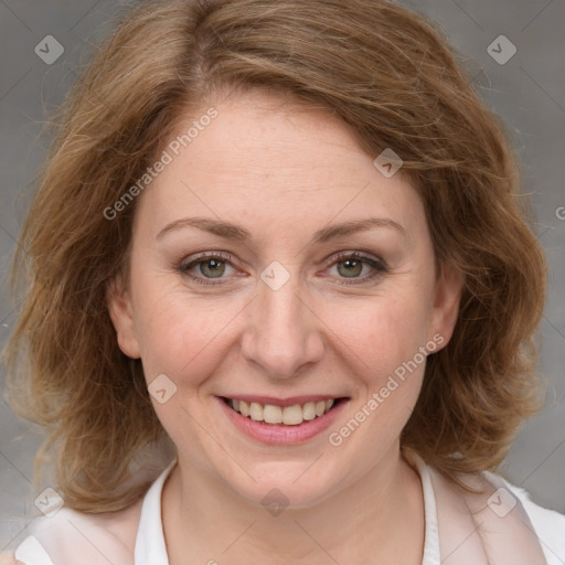 Joyful white young-adult female with medium  brown hair and green eyes