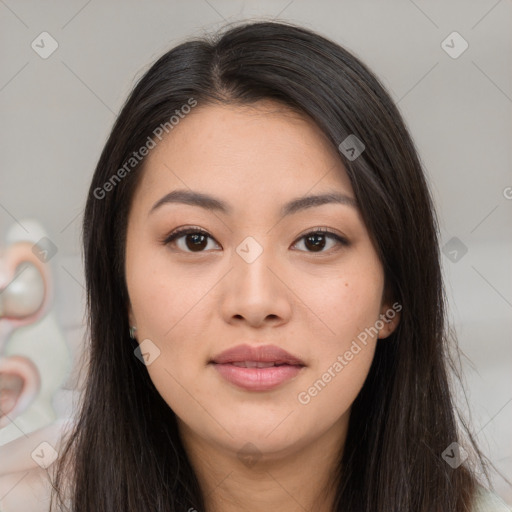 Joyful asian young-adult female with long  brown hair and brown eyes